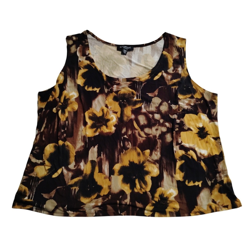 Perceptions Woman Brown Yellow Floral Abstract Tank Top Sleeveless 24W Plus Size